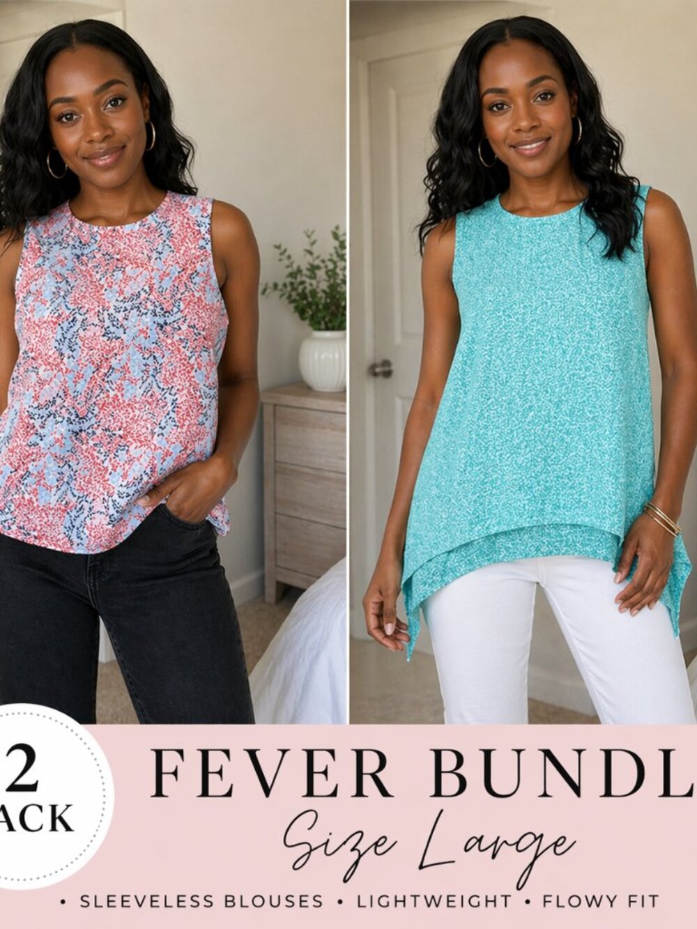 Fever Bundle 2 Sleeveless Blouses Sz L Tank Tops Lightweight Summer